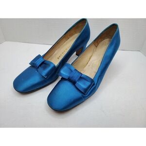 Bruno Magli Studio Blue Satin Bow Pumps Italy Vntg Womens 7 Block Heel Romantic